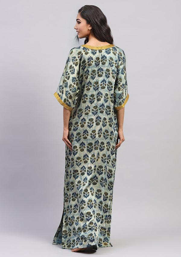 Yellow Blue  Floral Modal Luxury Nighty Kaftan with Stitch Lines
