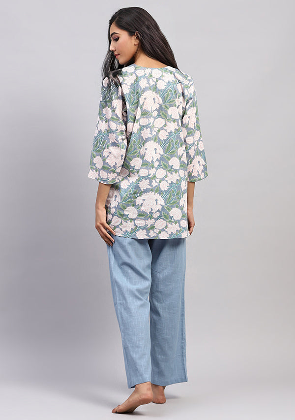 Smoke Blue Pink Hand Block Printed Floral Cotton Night Suit