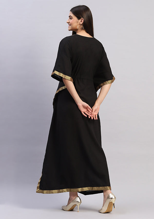 Black Cotton Kaftan with Gold Tissue Timmings