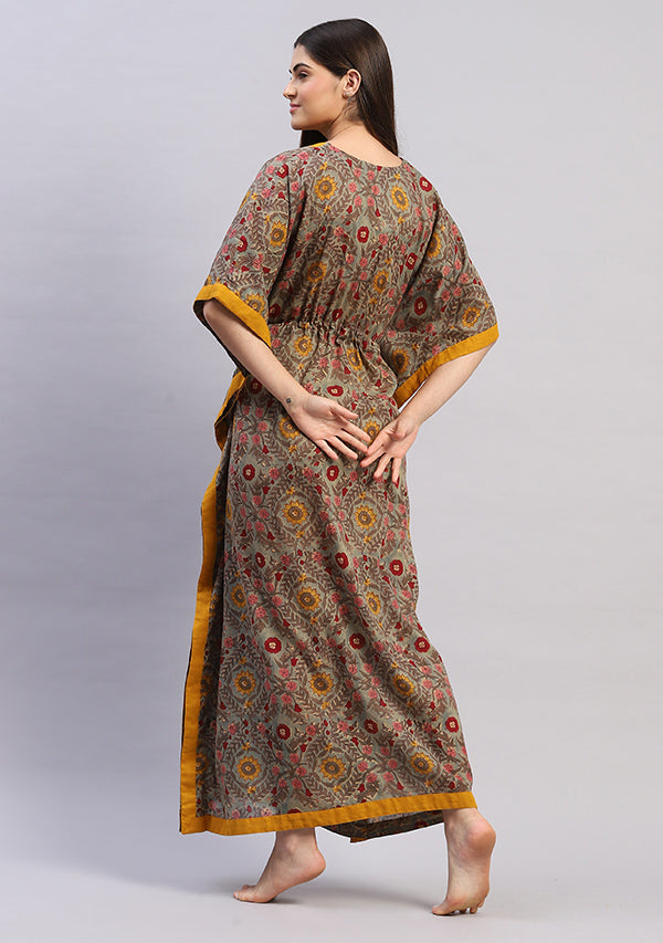 Teal Multicolor Floral Hand Block Printed Tie-Up Waist Mulmul Kaftan