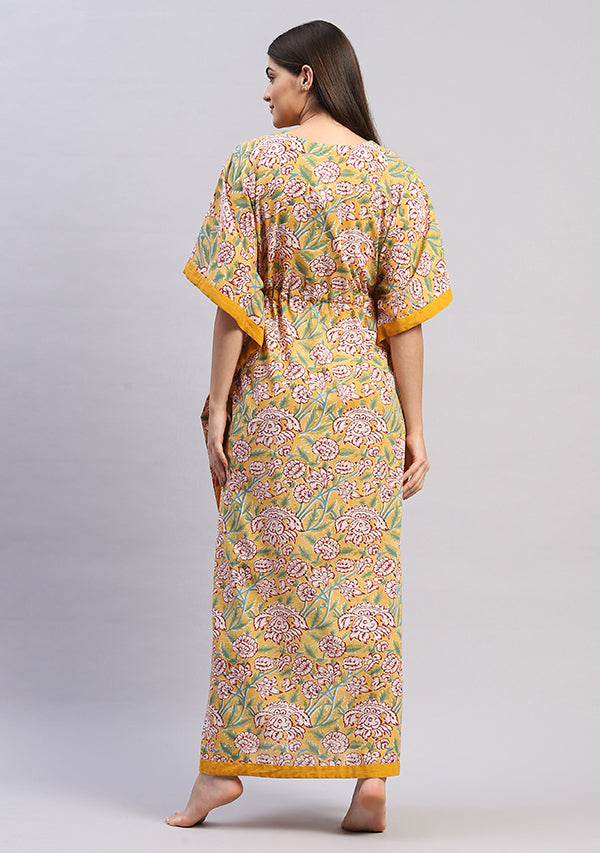Yellow Maroon Floral Hand Block Printed Tie-Up Waist Cotton Kaftan