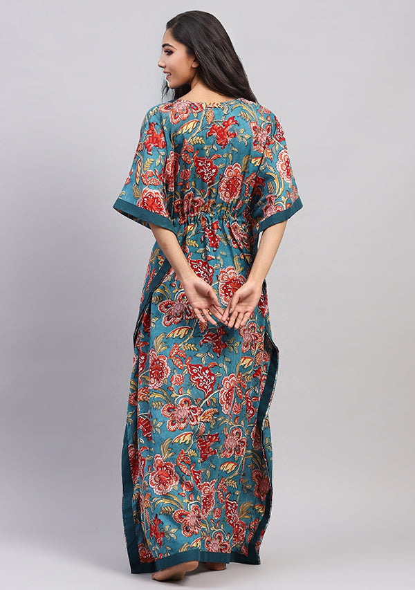 Teal Red Floral Hand Block Printed Tie-Up Waist Cotton Kaftan