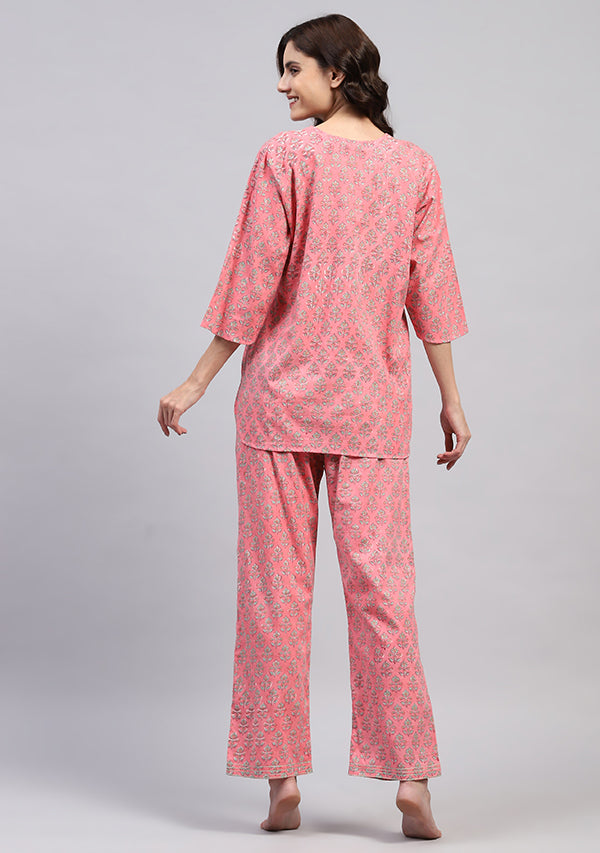 Pink Green Floral Hand Block Printed Cotton Night Suit with Trimmings