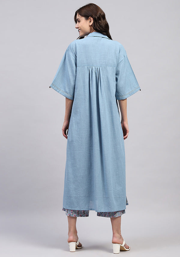 Smoke Blue Collared Co-ord Set with Printed Pants
