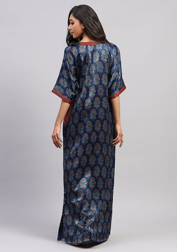 Blue Red  Floral Mushru Luxury Nighty Kaftan with Stitch Lines