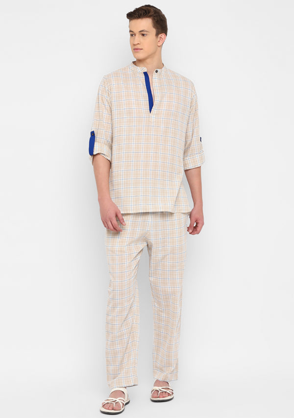 Beige Blue Cotton Shirt and Pyjamas For Men