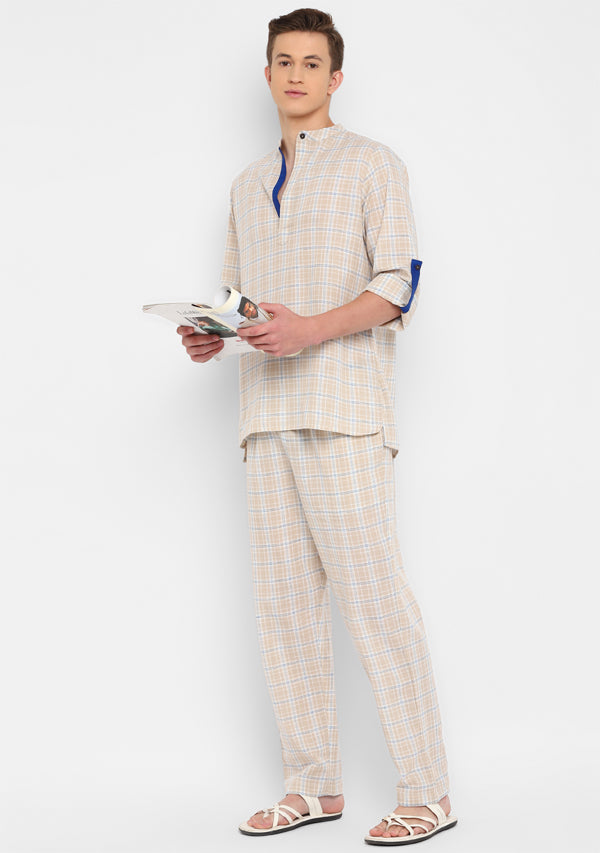 Beige Blue Cotton Shirt and Pyjamas For Men