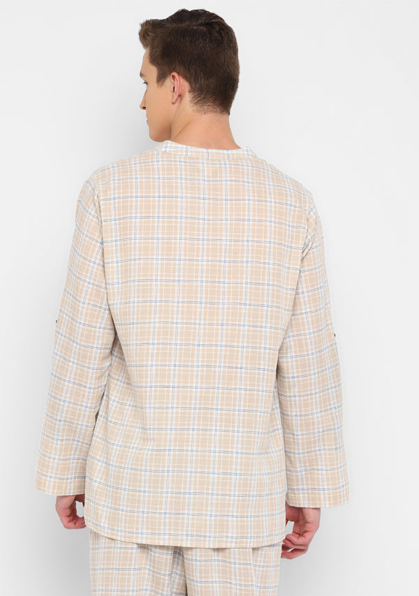 Beige Blue Cotton Shirt and Pyjamas For Men