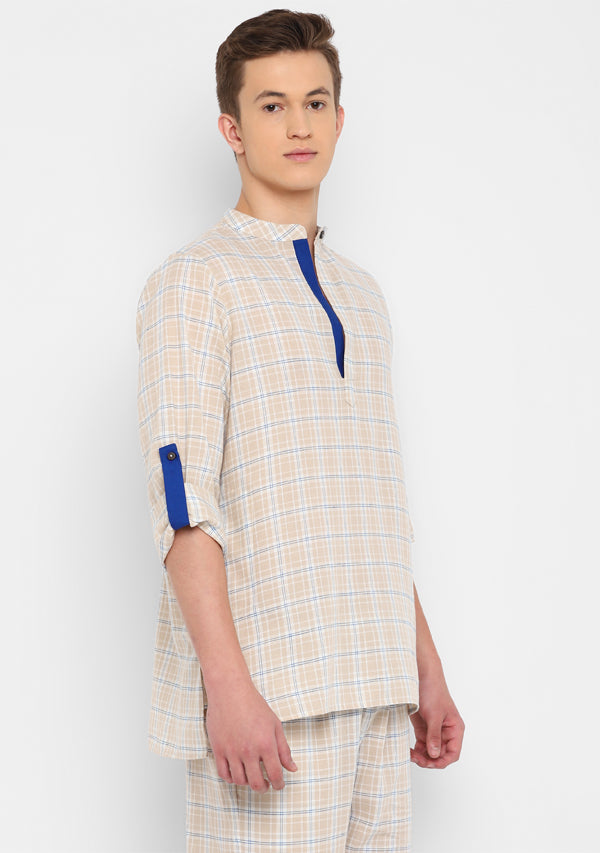 Beige Blue Cotton Shirt and Pyjamas For Men