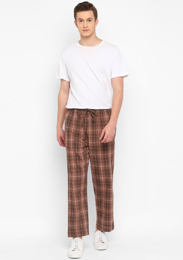 Brown Black Checked Cotton Lounge Pants For Men