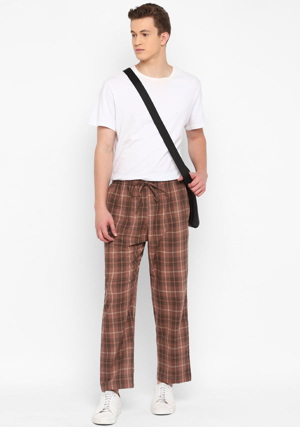 Brown Black Checked Cotton Lounge Pants For Men