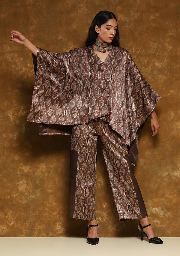 Brown Red Hand Block Printed Asymmetric Mushru Co-ord Set