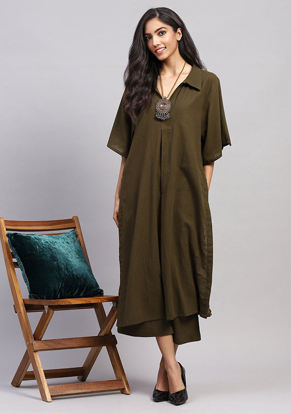 Military Green Collared Co-ord Set With Pants