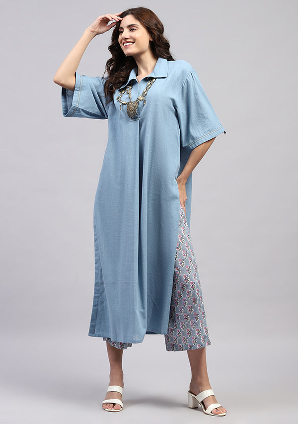 Smoke Blue Collared Co-ord Set with Printed Pants