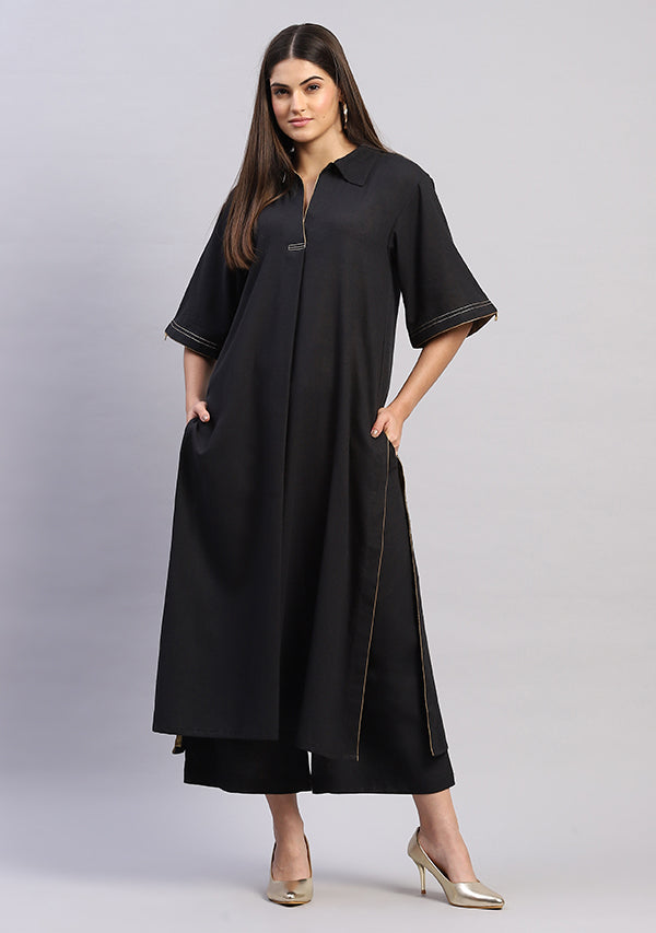 Black Collared Co-ord Set with Bronze Trimmings Paired With Pants