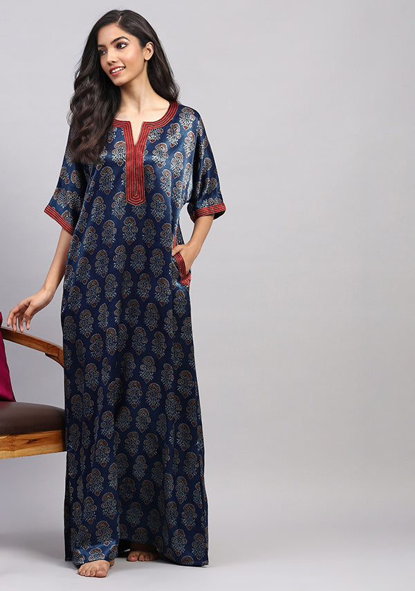 Blue Red  Floral Mushru Luxury Nighty Kaftan with Stitch Lines