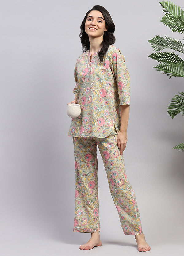 Soft Green Pink Floral Hand Block Printed Cotton Night Suit