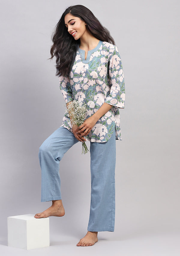 Smoke Blue Pink Hand Block Printed Floral Cotton Night Suit