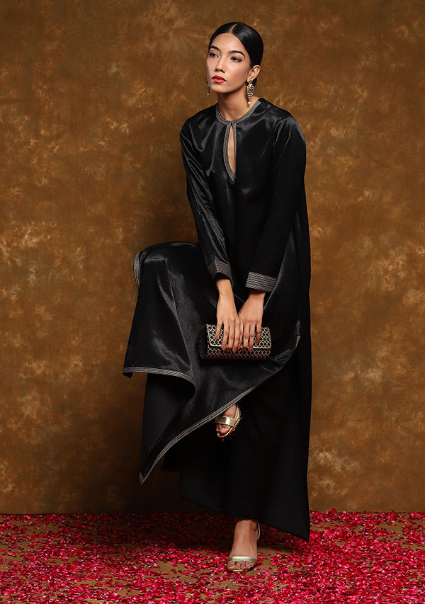 Black Long Mushru Kurta with Gold Trimmings (TOP ONLY)