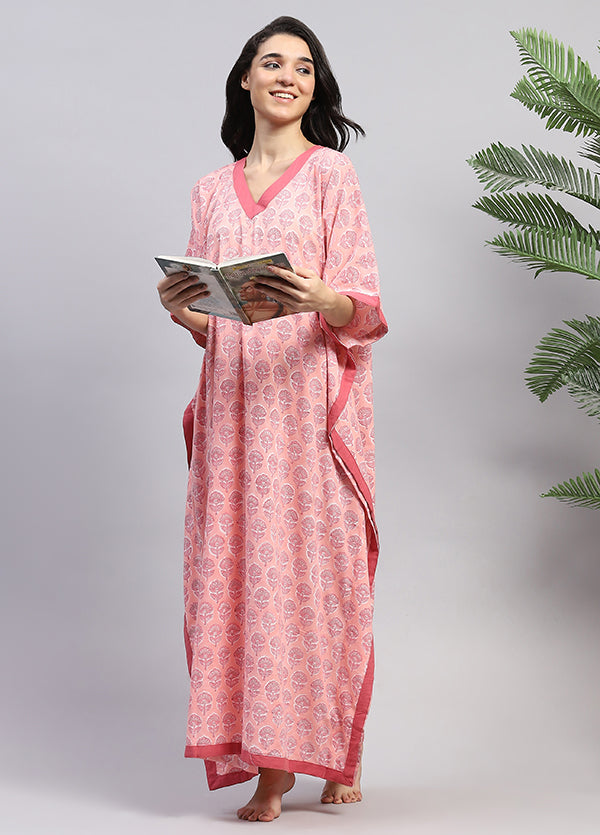 Peach Pink Floral Hand Block Printed Tie-Up Waist Cotton Kaftan