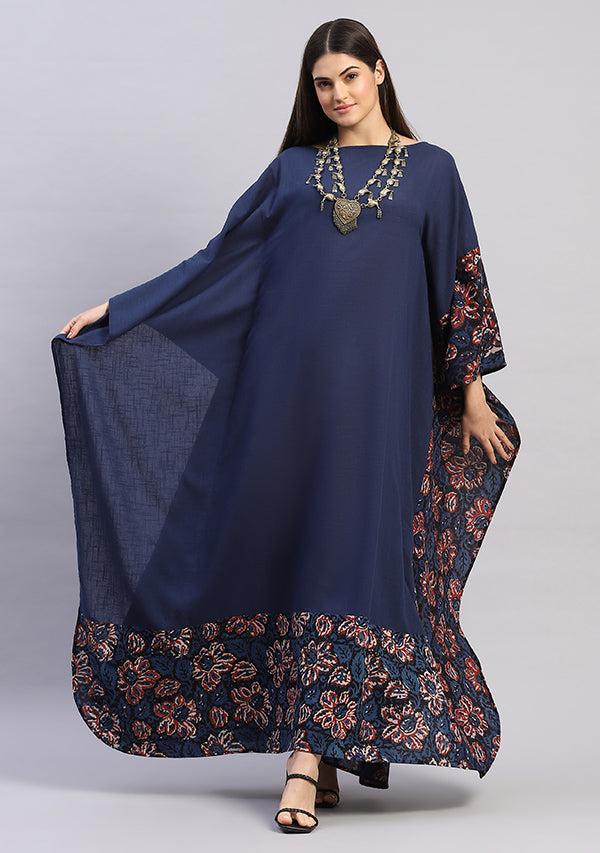 Flowy Navy Blue Cotton Kaftan with Hand Block Printed Detail