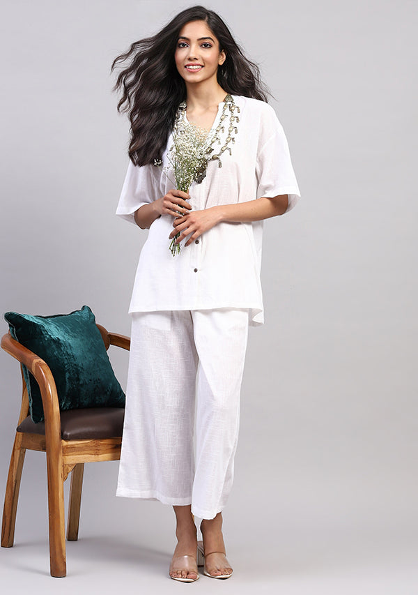 White Front Open Cotton Co-ord Set With Pants