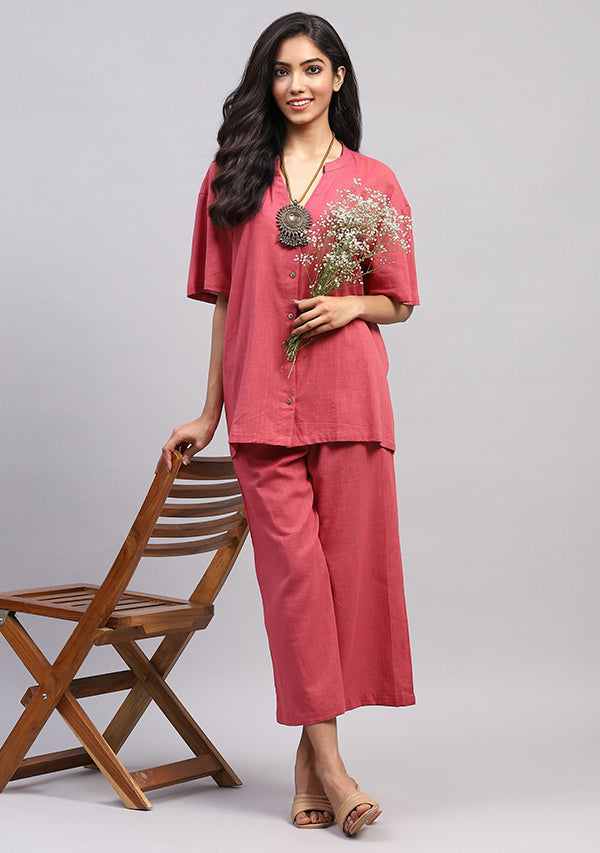 Peach Front Open Cotton Co-ord Set With Pants