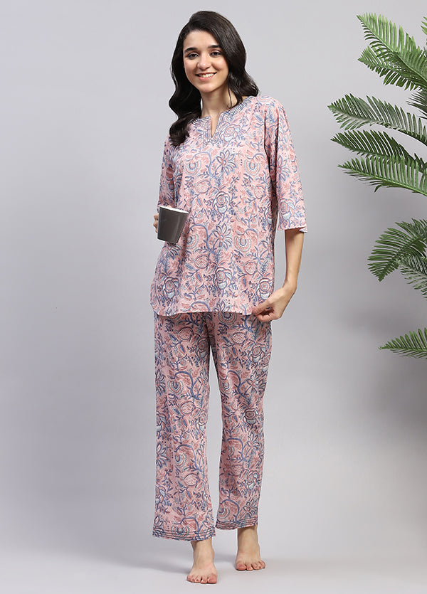 Pink Smoke Blue Floral Hand Block Printed Cotton Night Suit