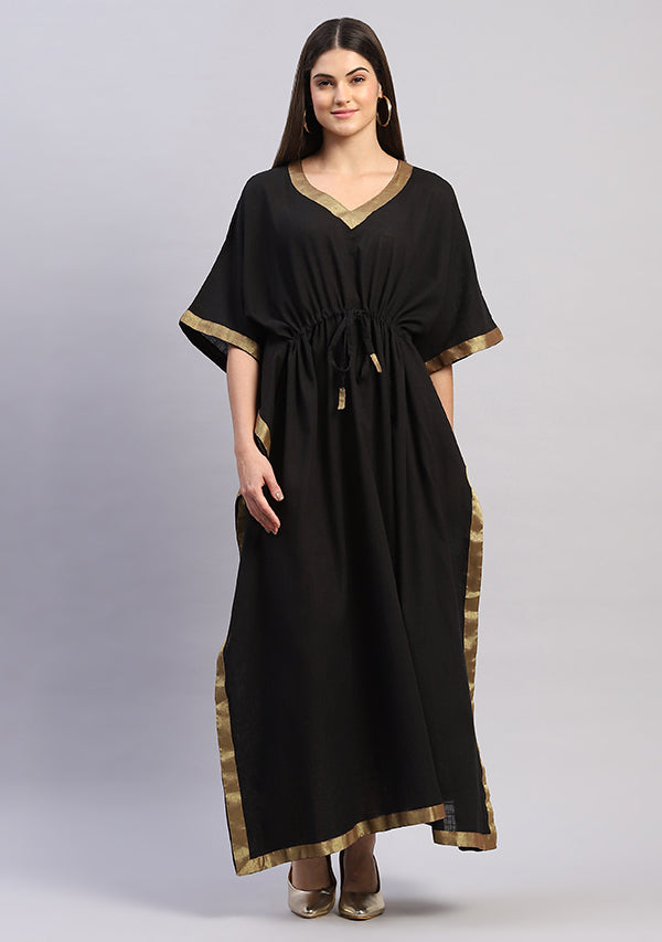 Black Cotton Kaftan with Gold Tissue Timmings
