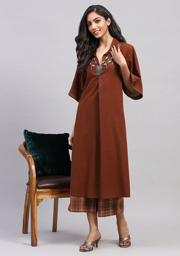 Chocolate Brown Collared Co-ord Set Paired With Check Pants