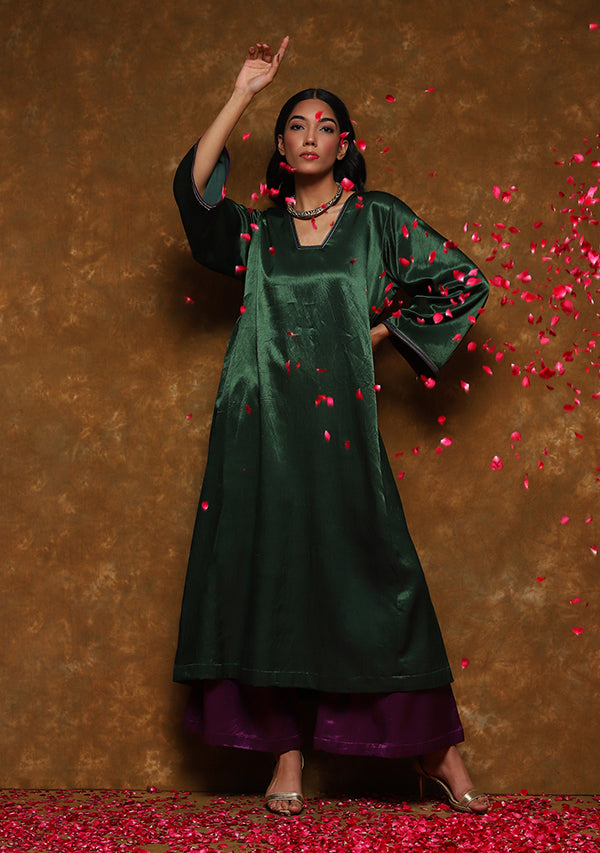 Green Mushru Kurta with Gold Trimmings (Top Only)