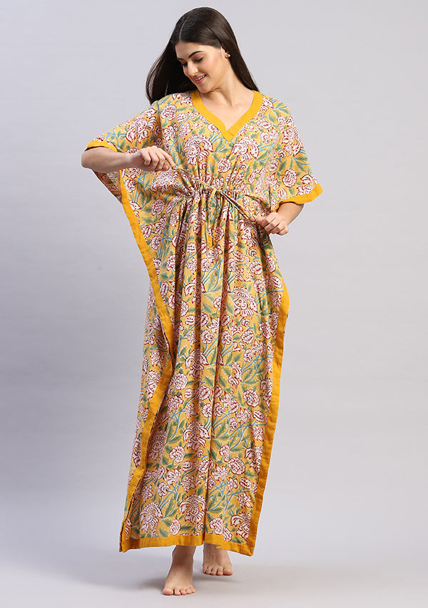 Yellow Maroon Floral Hand Block Printed Tie-Up Waist Cotton Kaftan