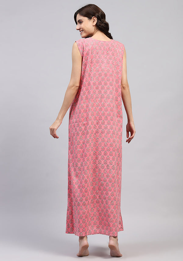 Pink Aqua Hand Block Printed Flower Motif Sleeveless Nighty with Pocket Detail