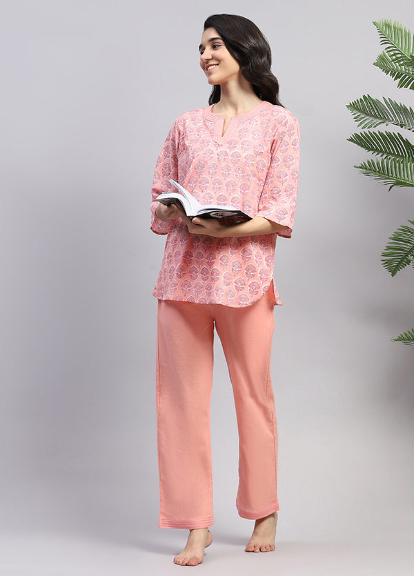 Peach Pink Floral Hand Block Printed Cotton Night Suit
