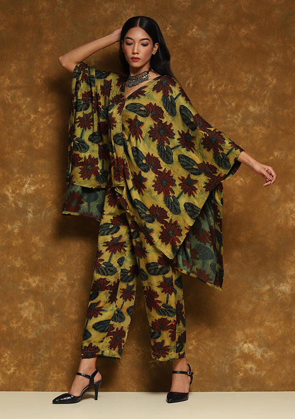 Mustard Green Hand Block Printed Asymmetric Modal Co-ord Set