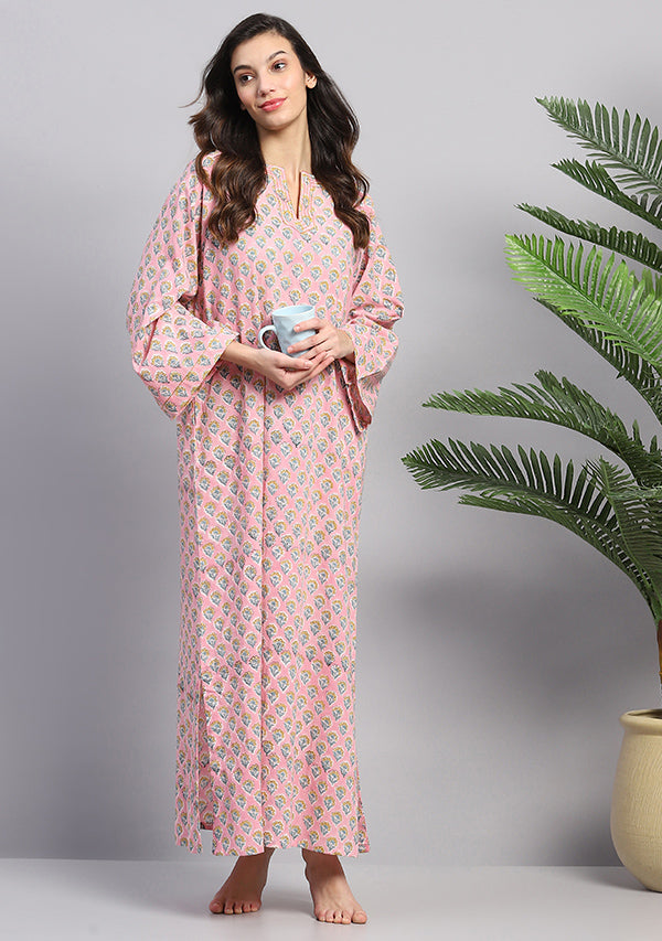 Pink Yellow Hand Block Printed Floral Nighty Kaftan with Stitch Lines