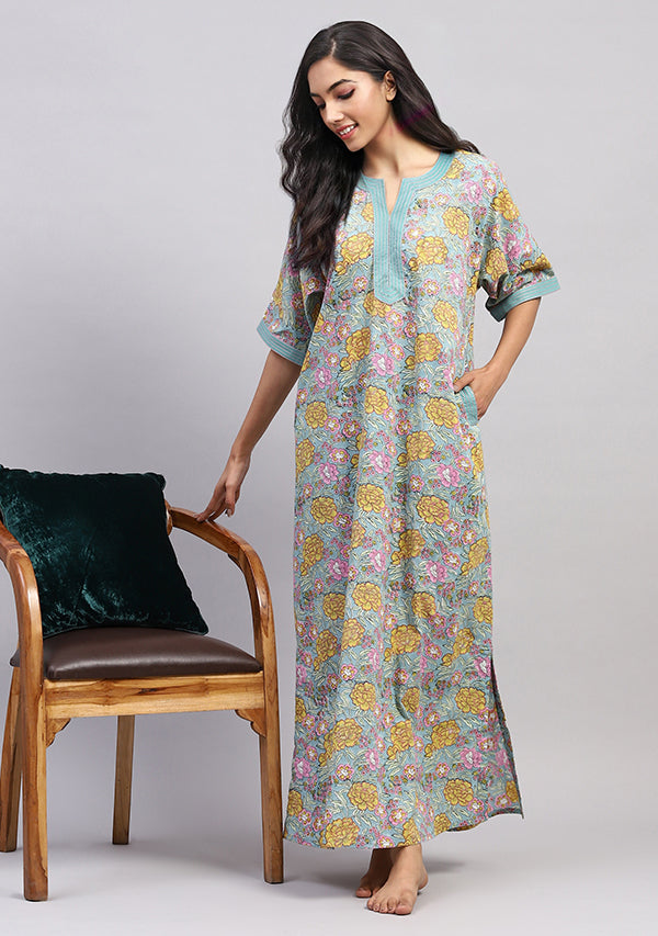 Aqua Yellow Hand Block Printed Floral Nighty Kaftan with Contrast Stitch Lines