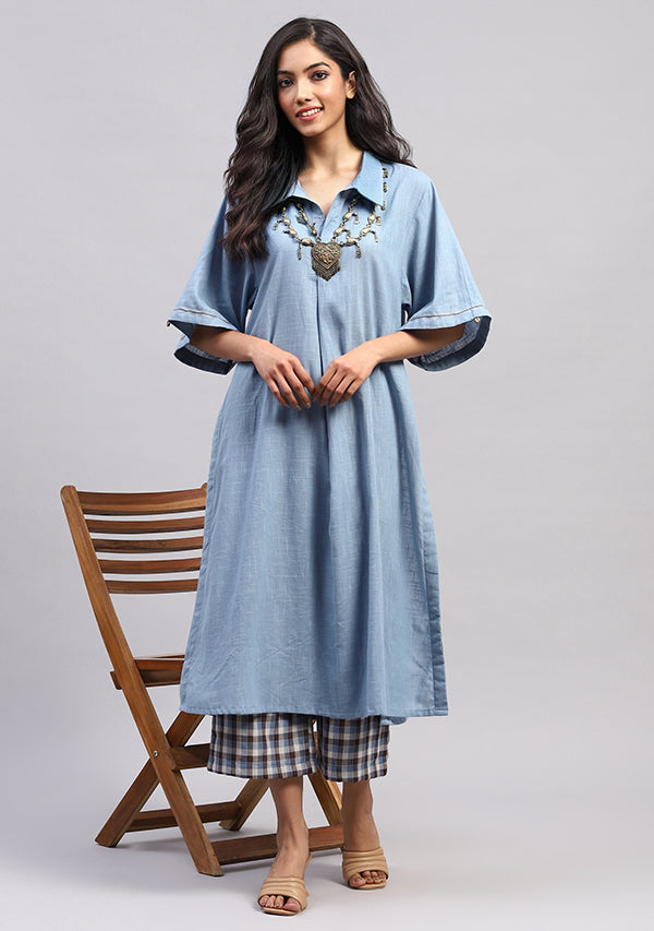 Smoke Blue Collared Co-ord Set with Check Pants