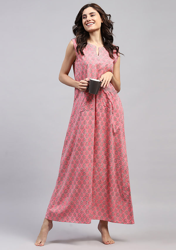 Pink Aqua Hand Block Printed Flower Motif Sleeveless Nighty with Pocket Detail