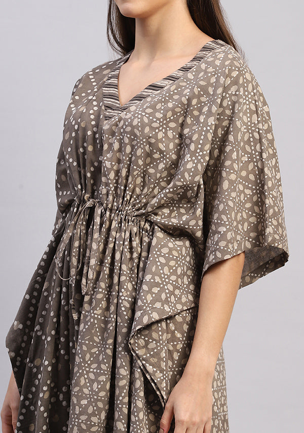 Grey Beige Hand Block Printed Tie-Up Waist Cotton Kaftan