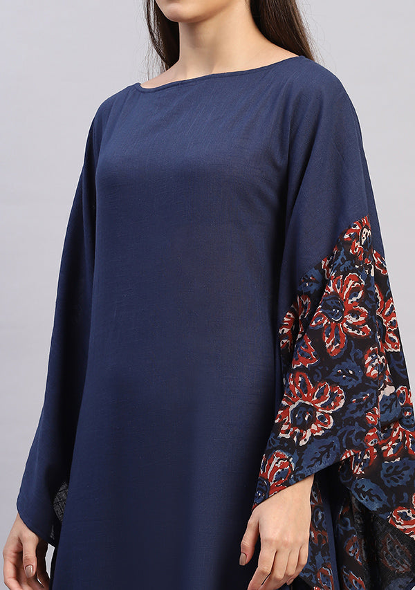 Flowy Navy Blue Cotton Kaftan with Hand Block Printed Detail