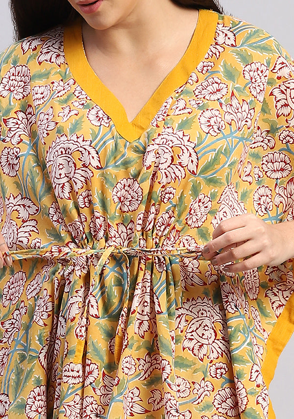 Yellow Maroon Floral Hand Block Printed Tie-Up Waist Cotton Kaftan