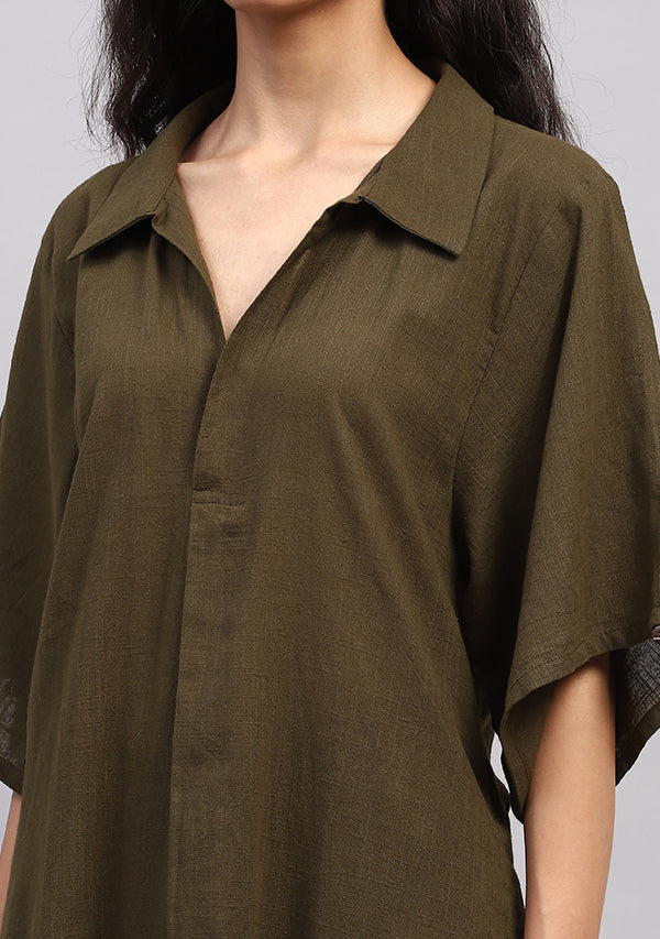 Military Green Collared Co-ord Set With Pants