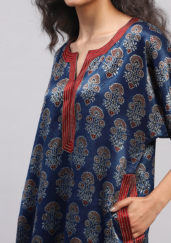 Blue Red  Floral Mushru Luxury Nighty Kaftan with Stitch Lines