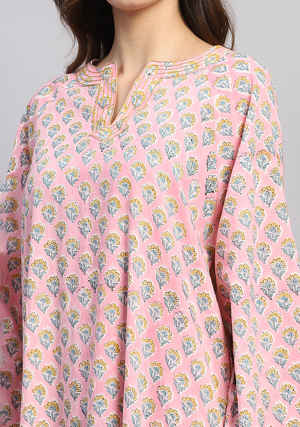 Pink Yellow Hand Block Printed Floral Nighty Kaftan with Stitch Lines