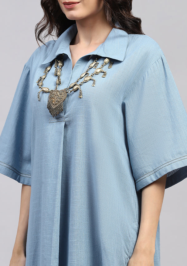 Smoke Blue Collared Co-ord Set with Printed Pants
