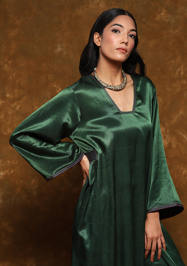 Green Mushru Kurta with Gold Trimmings (Top Only)