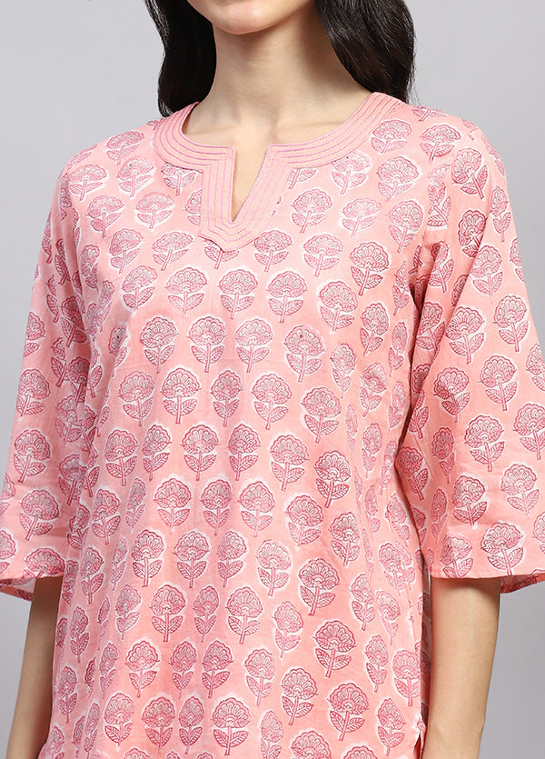 Peach Pink Floral Hand Block Printed Cotton Night Suit