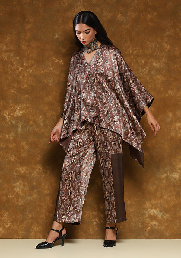 Brown Red Hand Block Printed Asymmetric Mushru Co-ord Set
