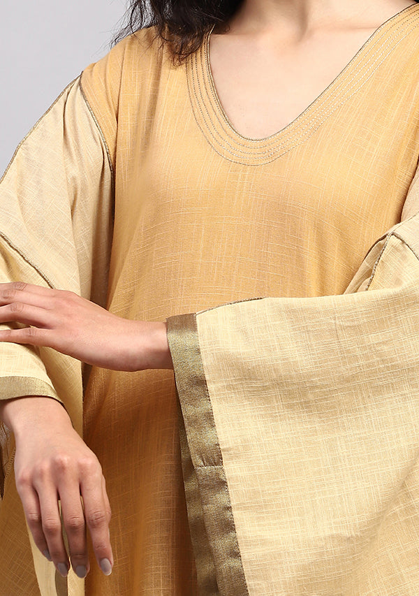 Flowy Kaftan in Earthy Colors and Bronze Tissue Trimmings